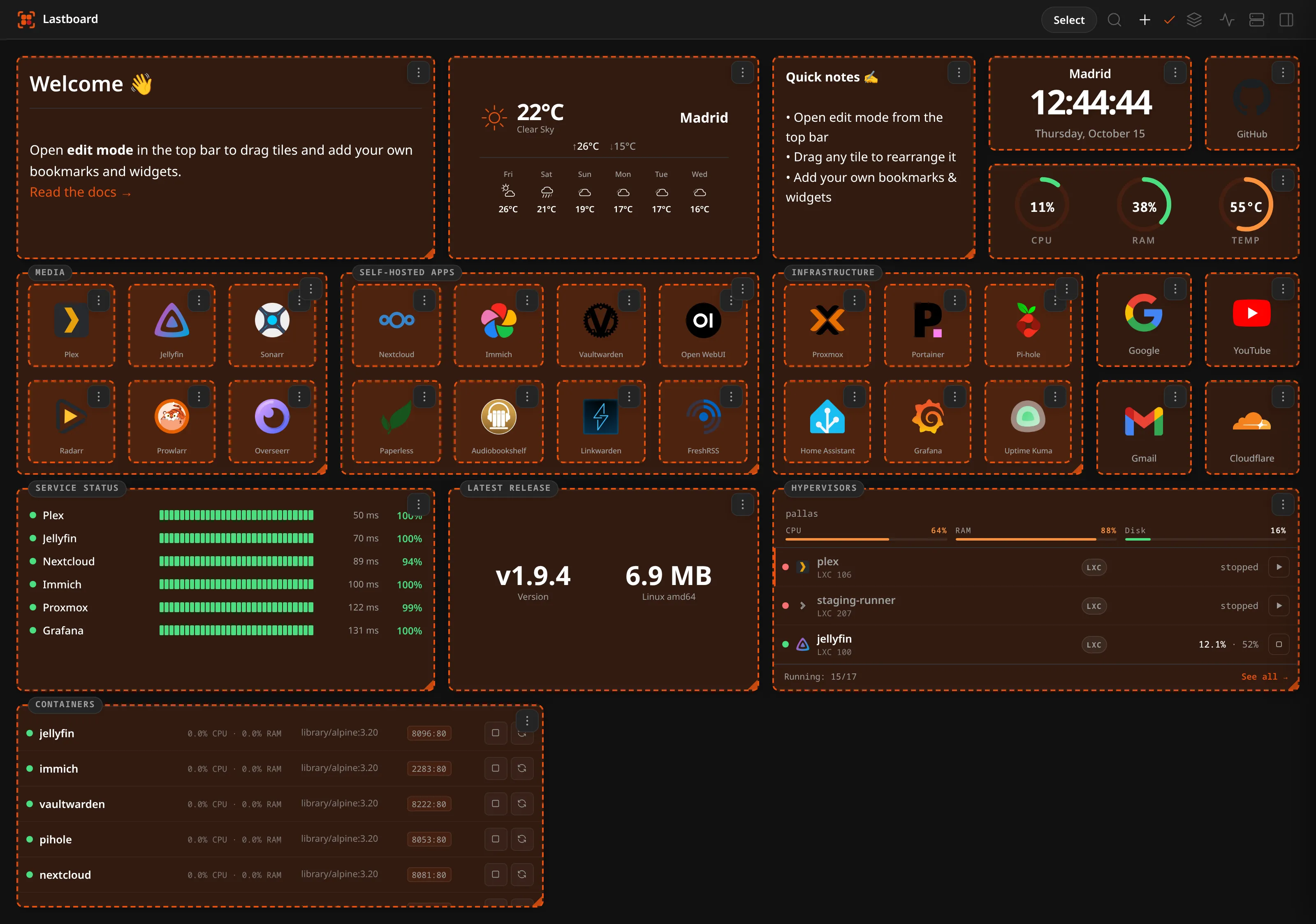 Lastboard in edit mode, with drag handles and the add menu open