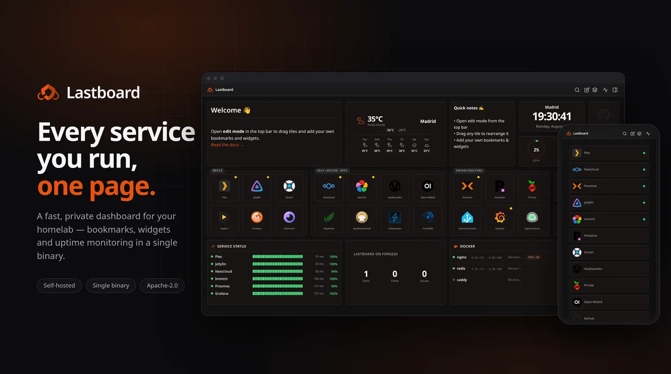 Lastboard self-hosted dashboard shown on desktop and mobile