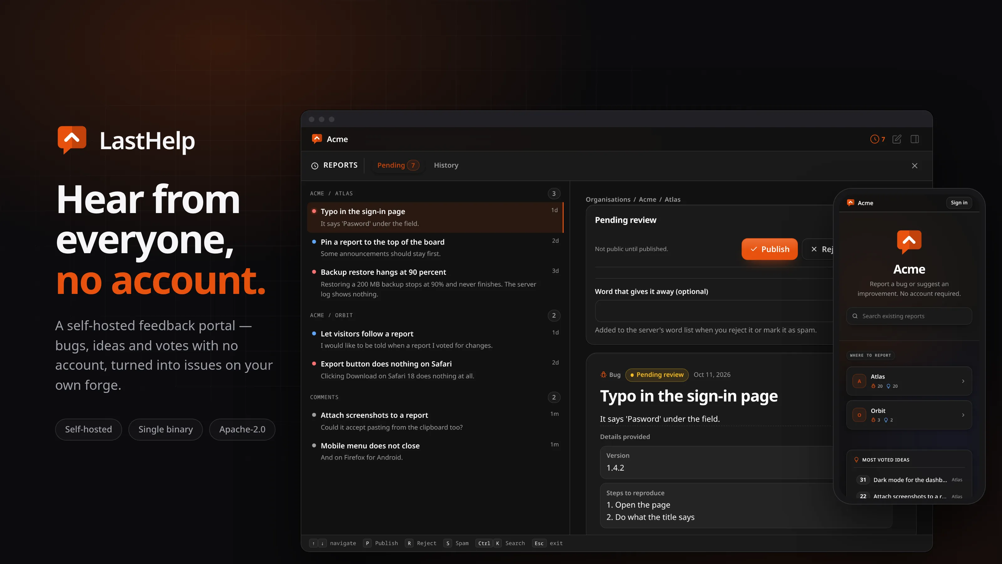LastHelp: the team's reports screen on a laptop and a public front page on a phone