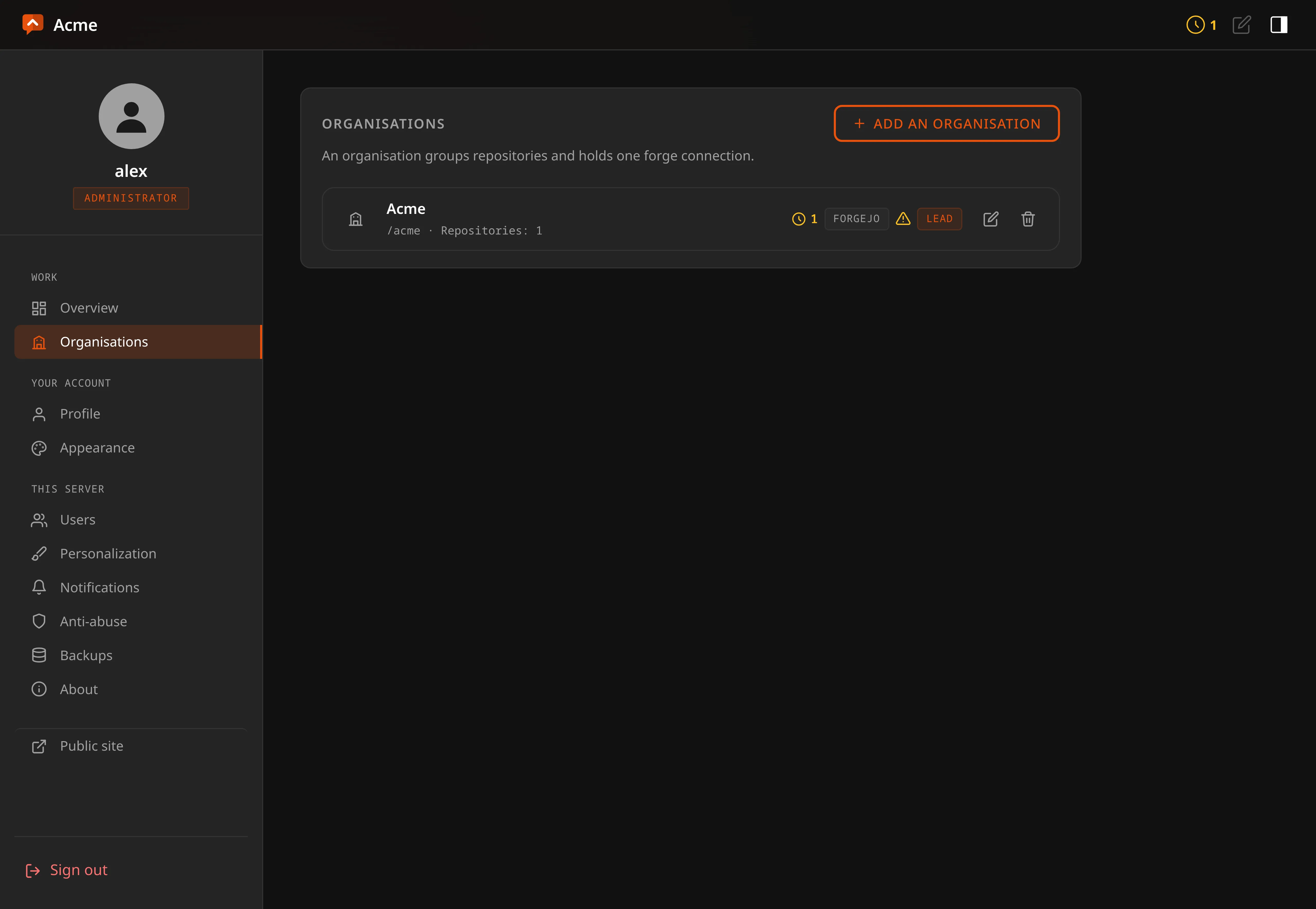 The organisations screen
