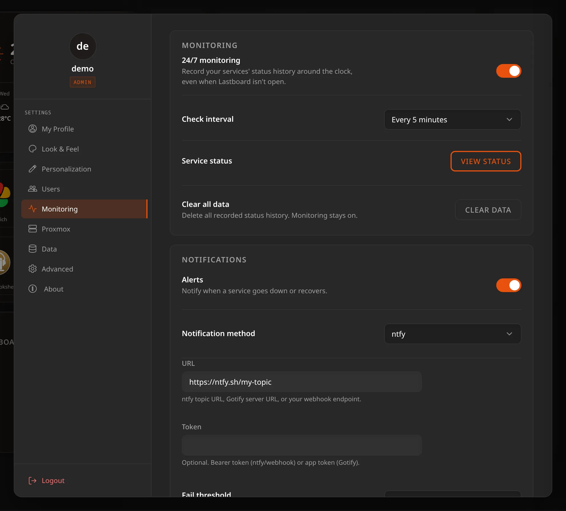 Monitoring settings