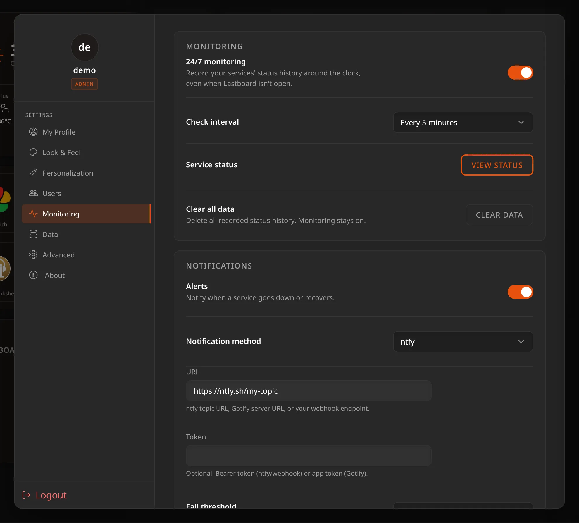 Monitoring settings
