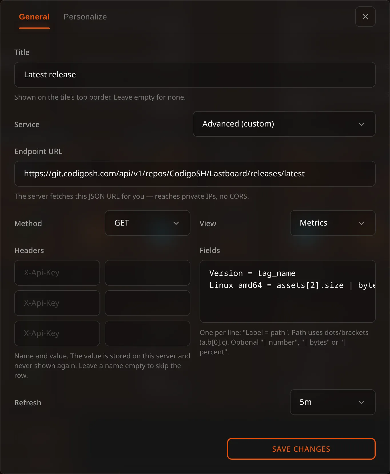 API widget configuration