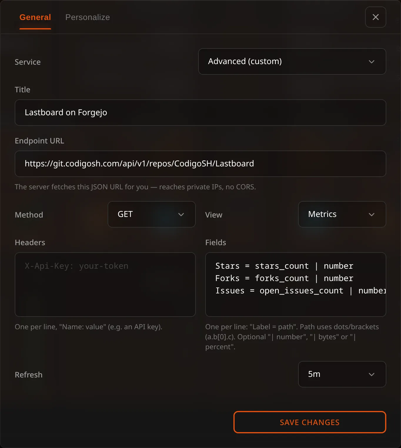 API widget configuration