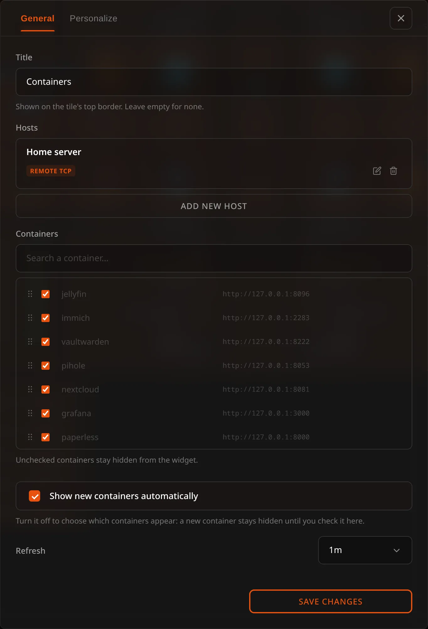 Docker widget configuration