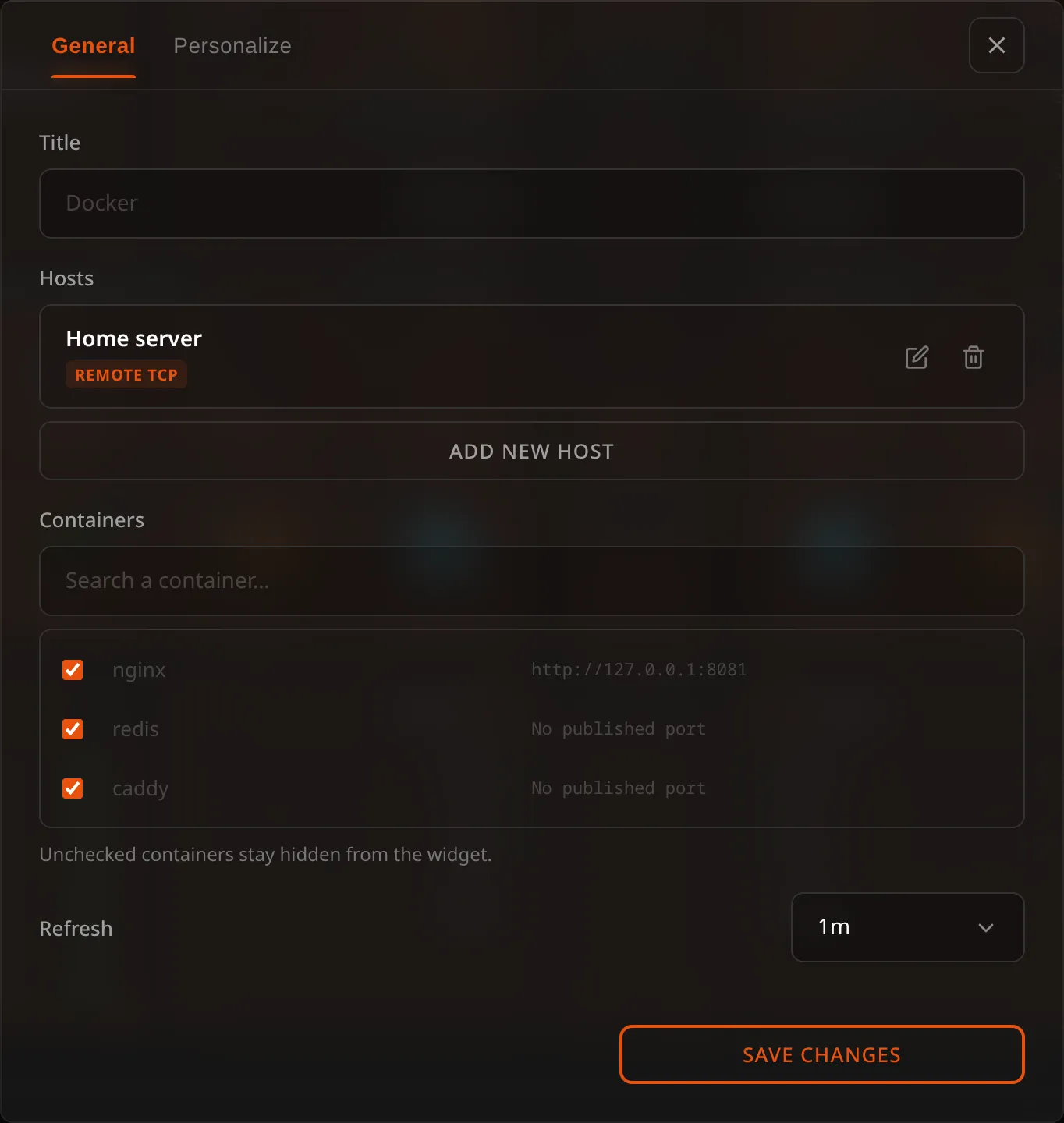 Docker widget configuration
