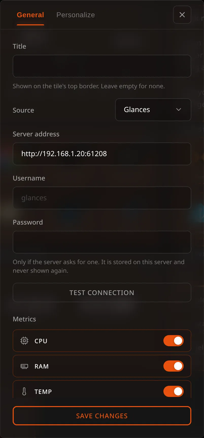 Server Health settings pointed at a Glances server